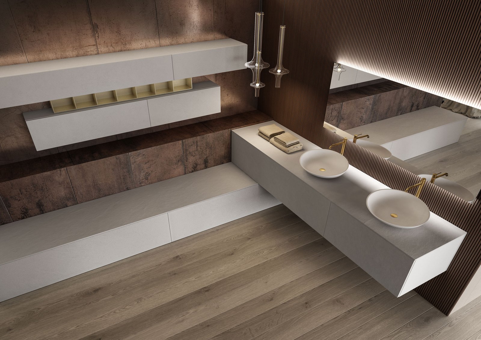 Salle de bain contemporaine avec meuble suspendu sur mesure et vasque intégrée