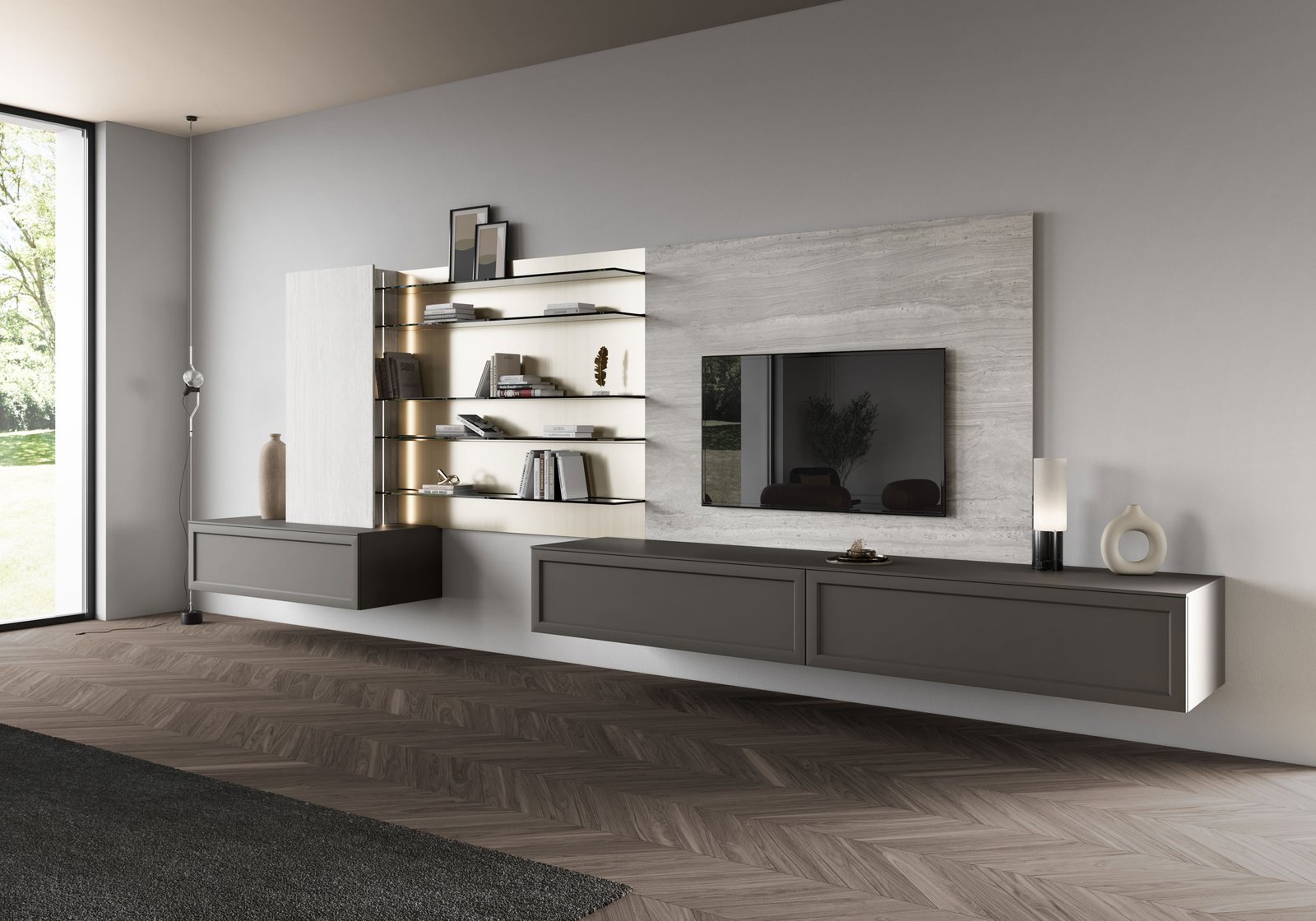 Aménagement living sur mesure avec bibliothèque intégrée