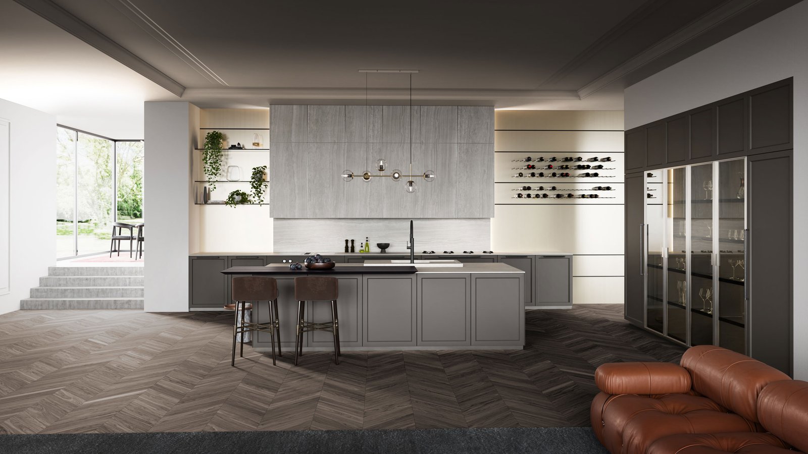 Cuisine sur mesure marbre gris avec îlot et parquet chevron, réalisation en Valais