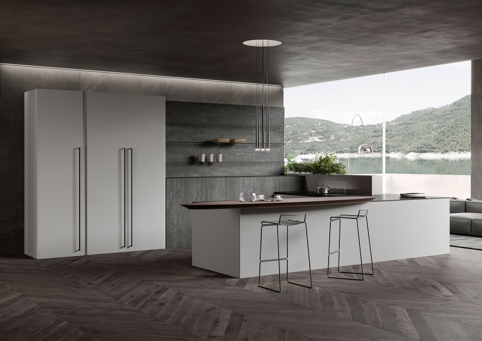 Cuisine haut de gamme avec îlot texturé et vue panoramique