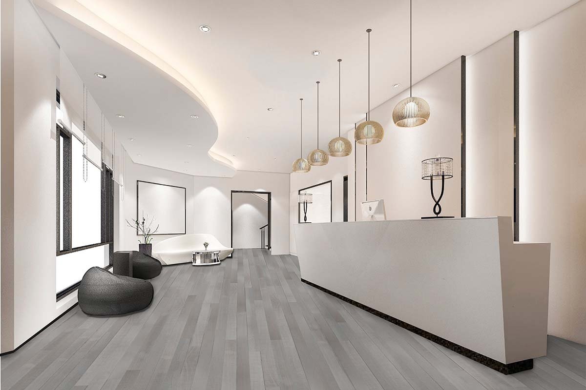 Parquet gris clair épuré ambiance lounge